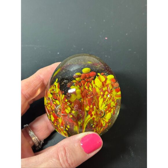 Vintage Hand Blown Art Glass Paper Weight Yellow and Red/Orange Flowers - Picture 3 of 5